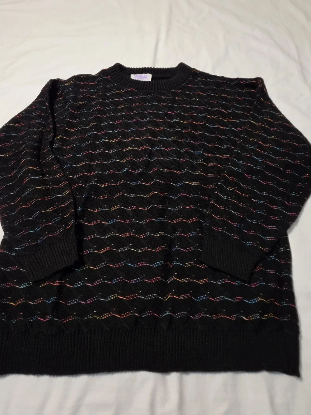Arielle Vintage 80's Women's Black Crewneck Sweater with Multicolor Wave Stitch